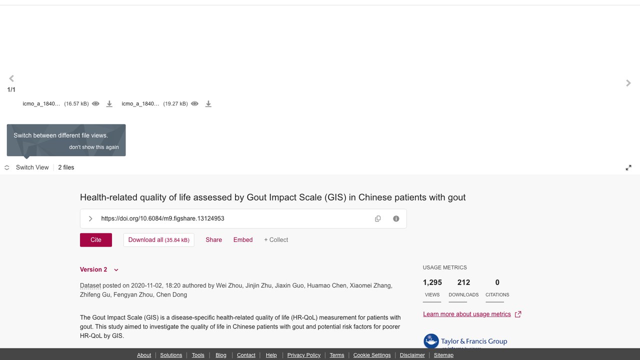 中国痛风患者痛风影响量表(GIS)健康相关生活质量数据
