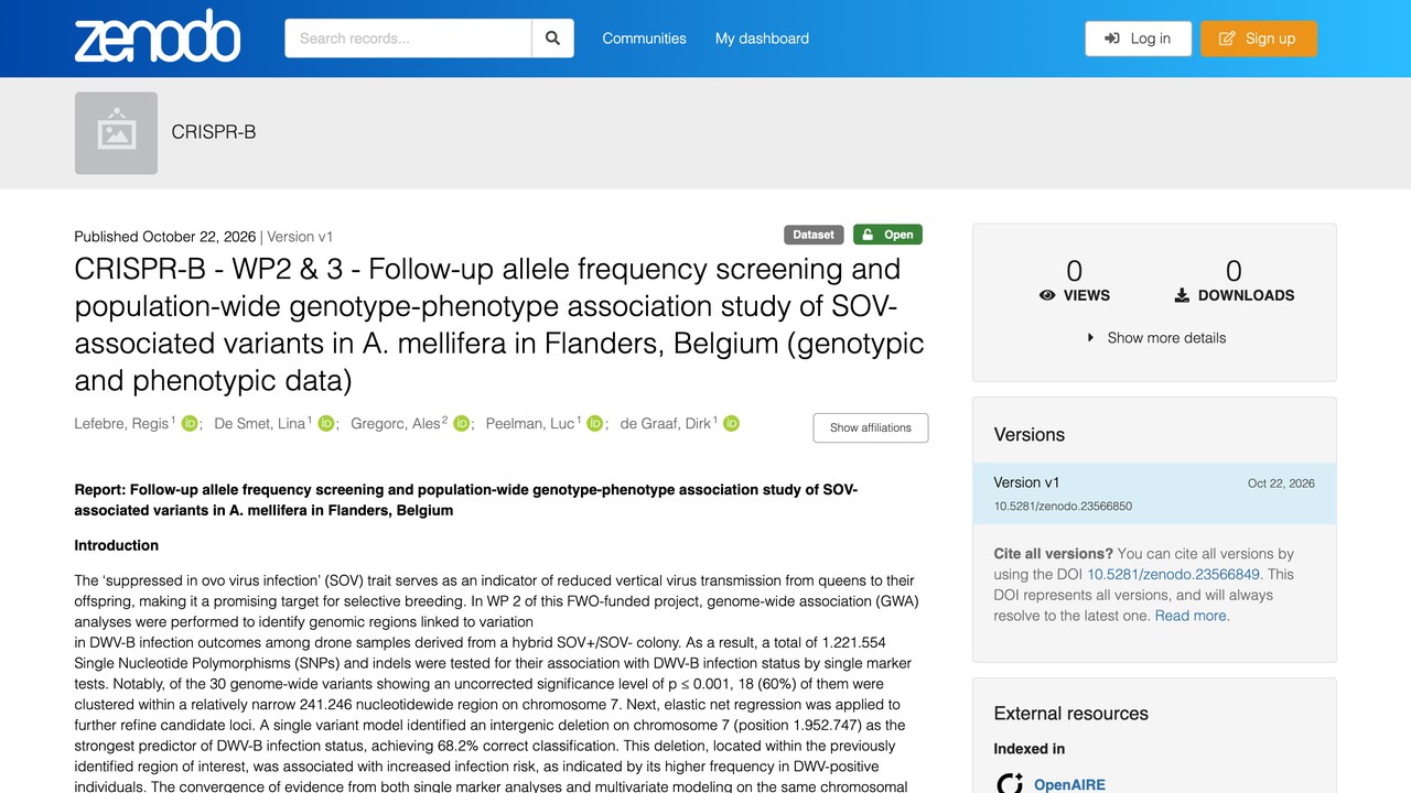 CRISPR-B - WP2和3 - 比利时法兰德斯大蜜蜂SOV相关变异的后续等位基因频率筛查及全种群基因型-表型关联研究(基因型和表型数据)
