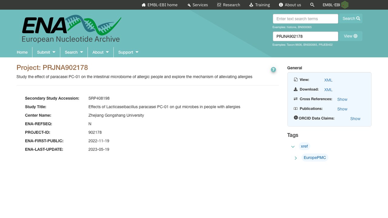 PRJNA902178:Lacticaseibacillus paracasei PC-01 对过敏人群肠道微生物的影响