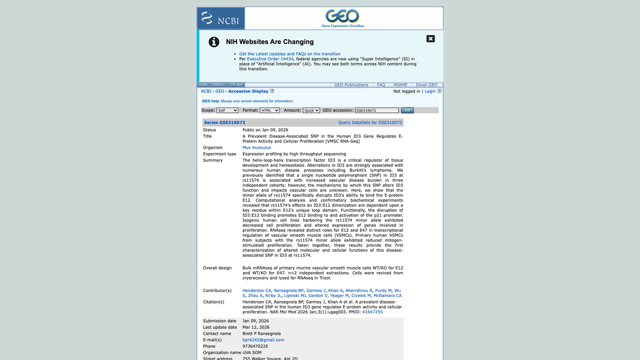 人类ID3基因常见疾病相关SNP调控E蛋白活性与细胞增殖的VMSC RNA-Seq数据集