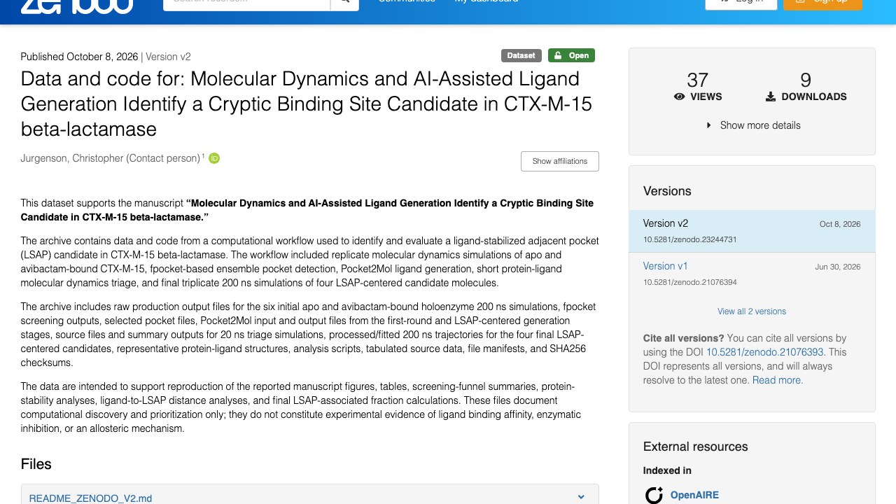 CTX-M-15 beta-lactamase 隐蔽结合位点候选的分子动力学与AI辅助配体生成数据与代码