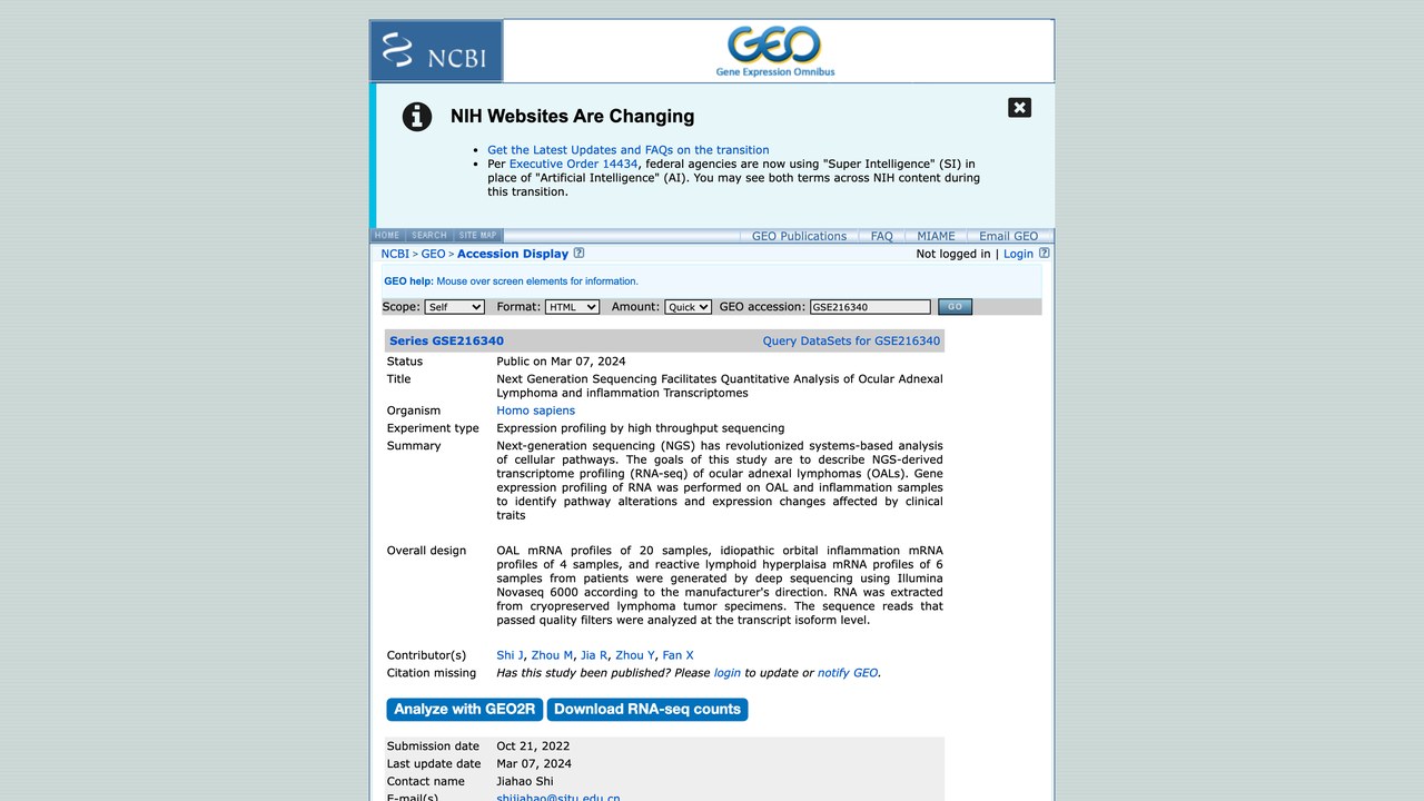 GSE216340:下一代测序助力眼附属器淋巴瘤与炎症转录组的定量分析