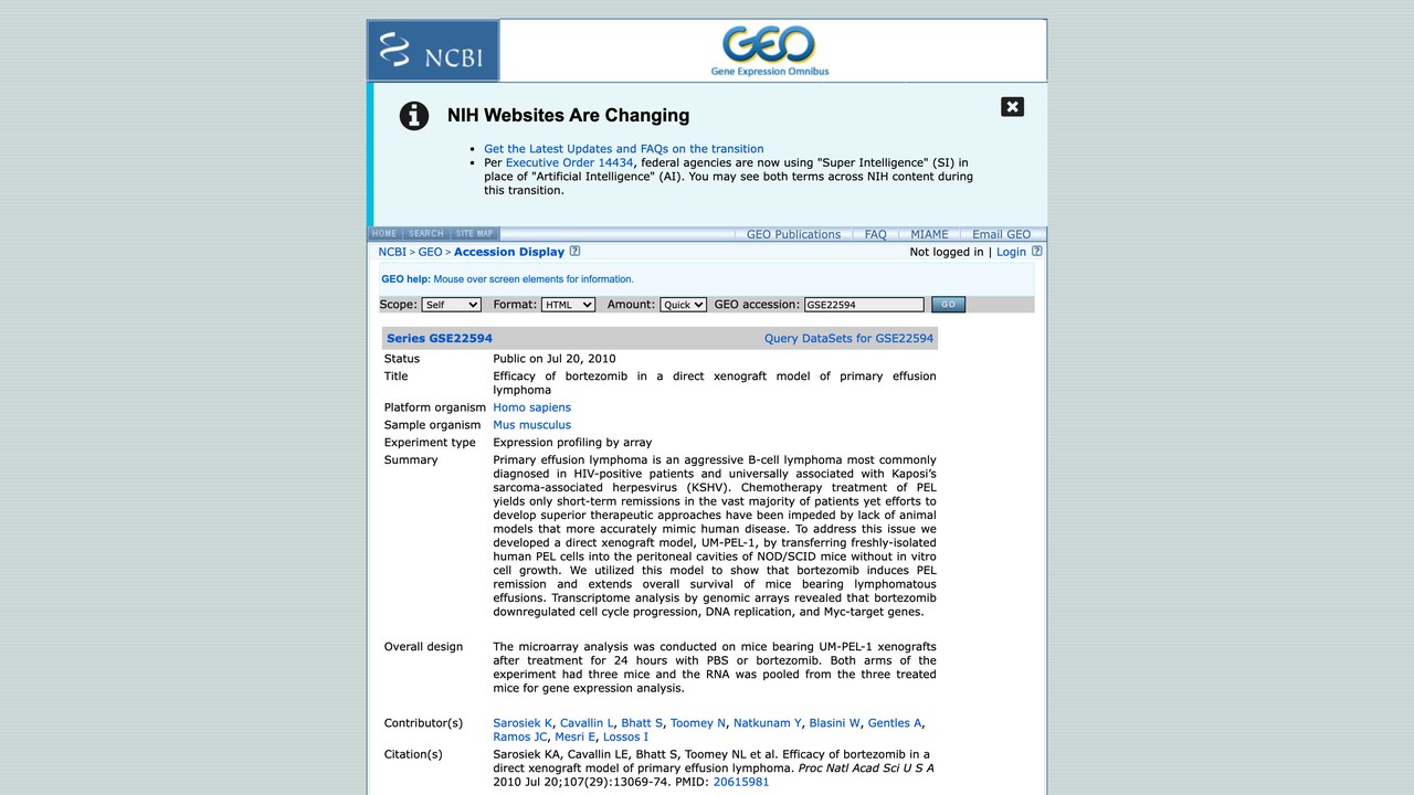 GSE22594:硼替佐米在原发性渗出性淋巴瘤直接异种移植模型中的疗效