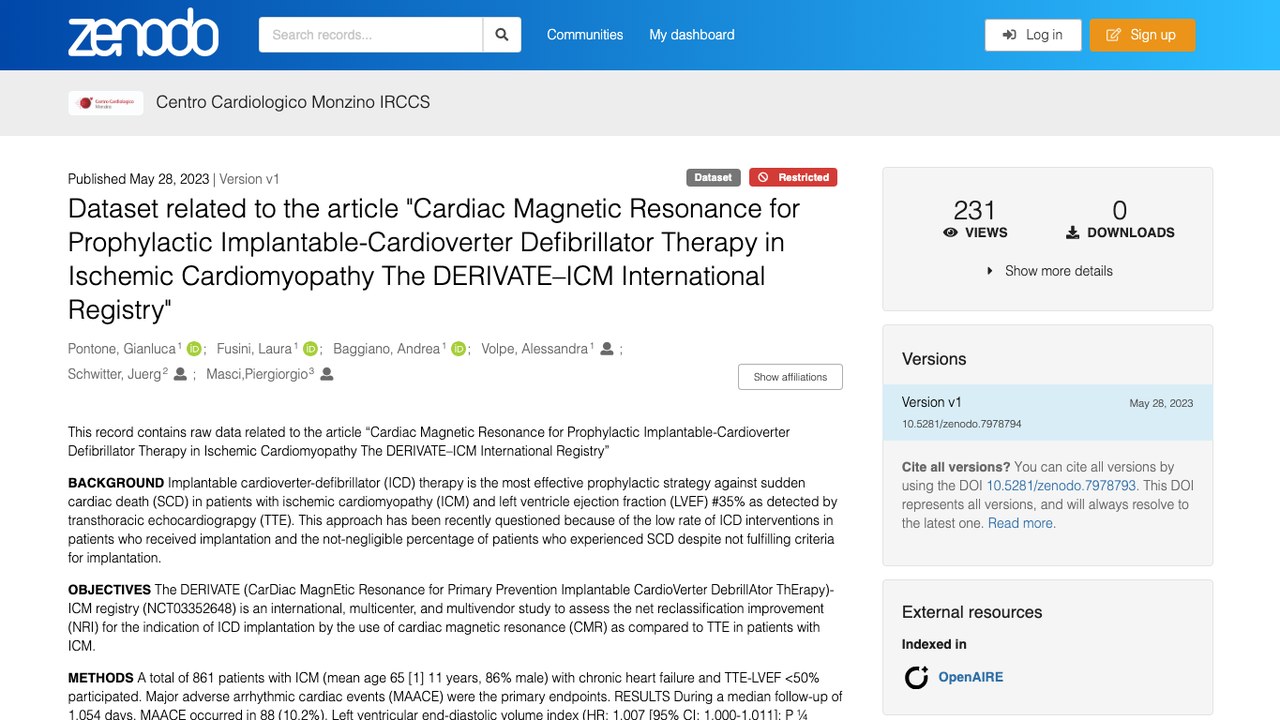 DERIVATE–ICM国际注册研究心脏磁共振预防性ICD治疗数据集