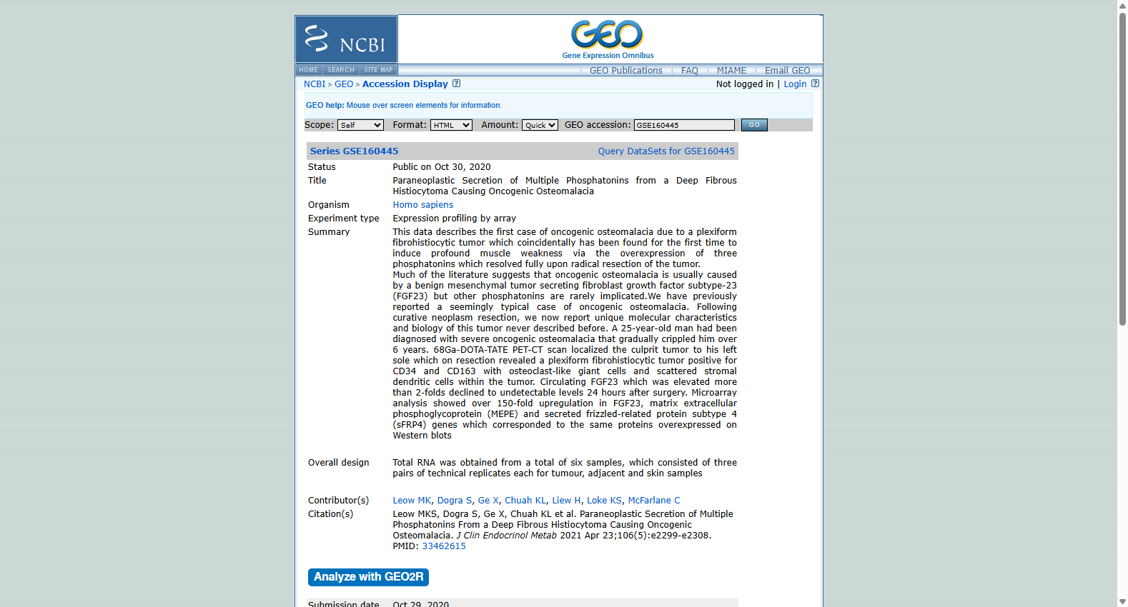 Oncogenic osteomalacia transcriptome GSE160445
