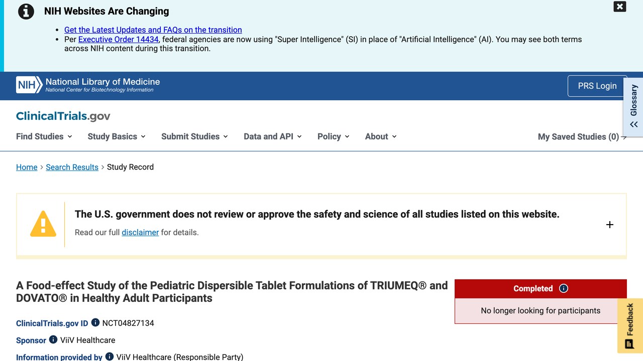 TRIUMEQ®与DOVATO®儿童分散片在健康成人中的食物效应研究