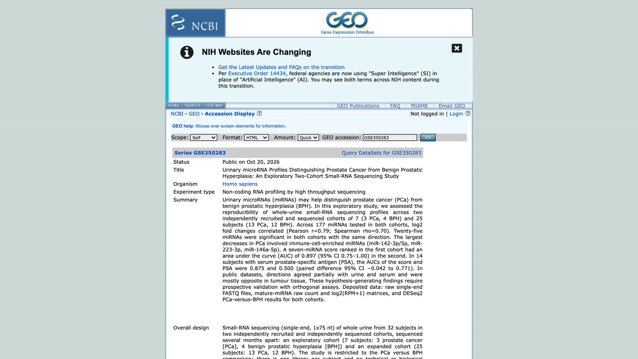 GSE350283:尿液microRNA谱区分前列腺癌与良性前列腺增生的探索性双队列small-RNA测序研究
