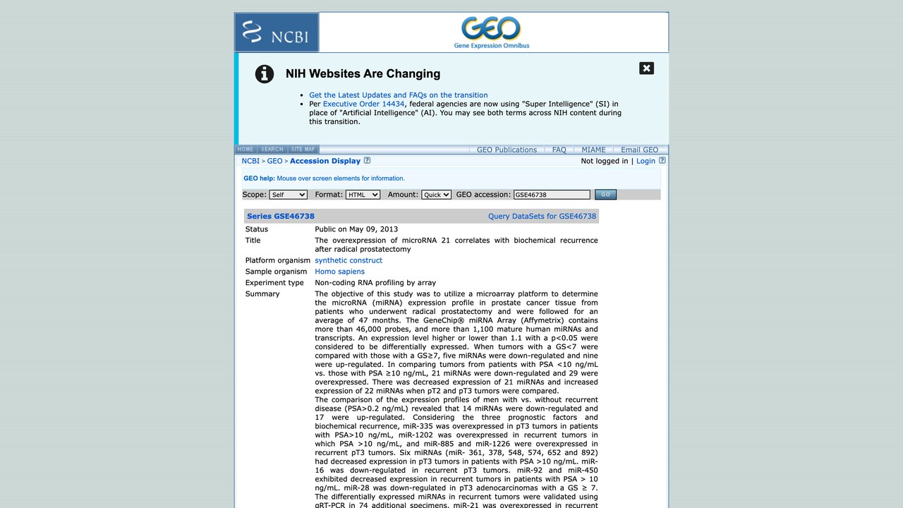 GSE46738:microRNA 21过表达与根治性前列腺切除术后生化复发相关