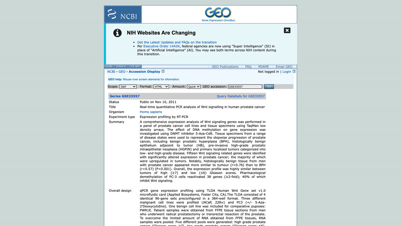 GSE33557:人前列腺癌Wnt信号通路实时定量PCR分析