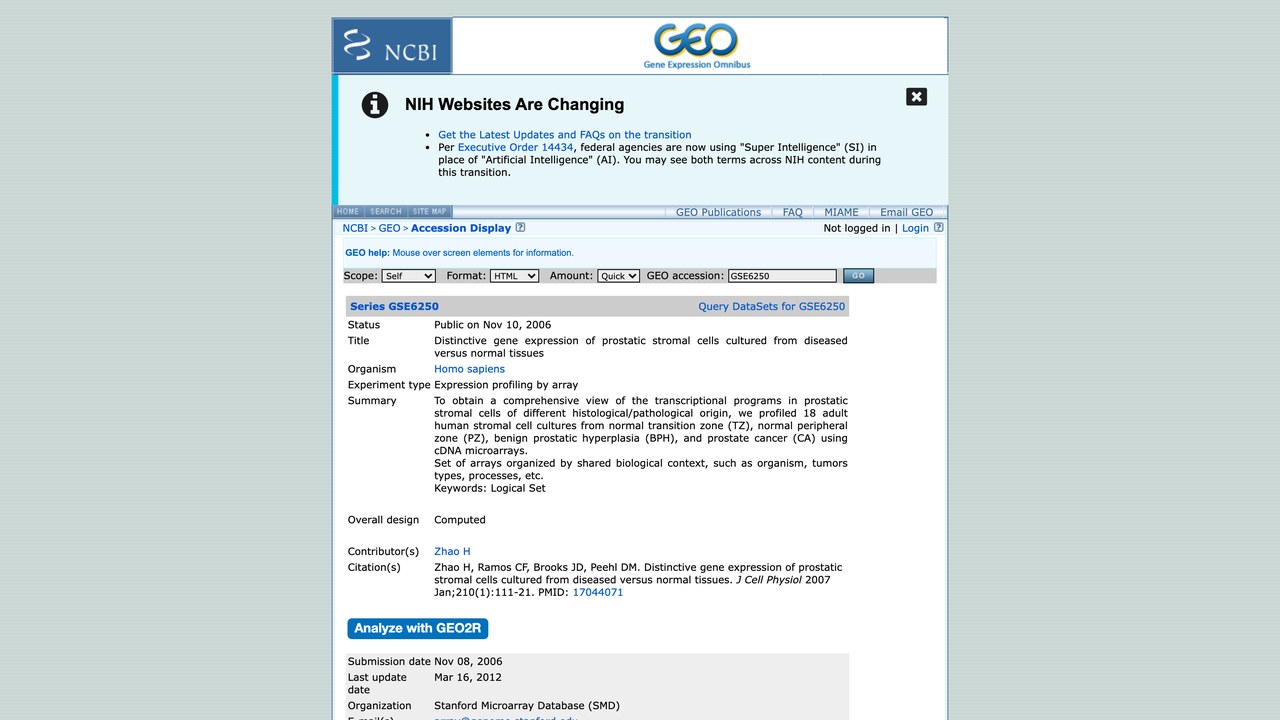 GSE6250：病变与正常组织来源前列腺基质细胞的差异基因表达