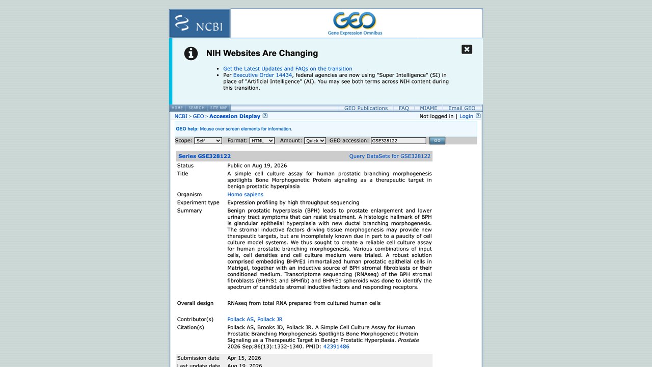 GSE328122:用于人前列腺分支形态发生的简易细胞培养实验突显骨形态发生蛋白信号作为良性前列腺增生的治疗靶点