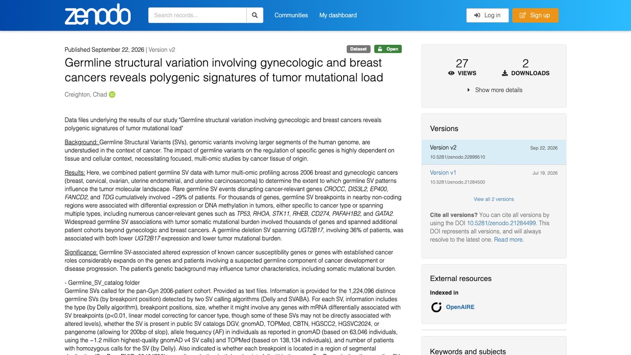 妇科与乳腺癌胚系结构变异揭示肿瘤突变负荷的多基因特征数据