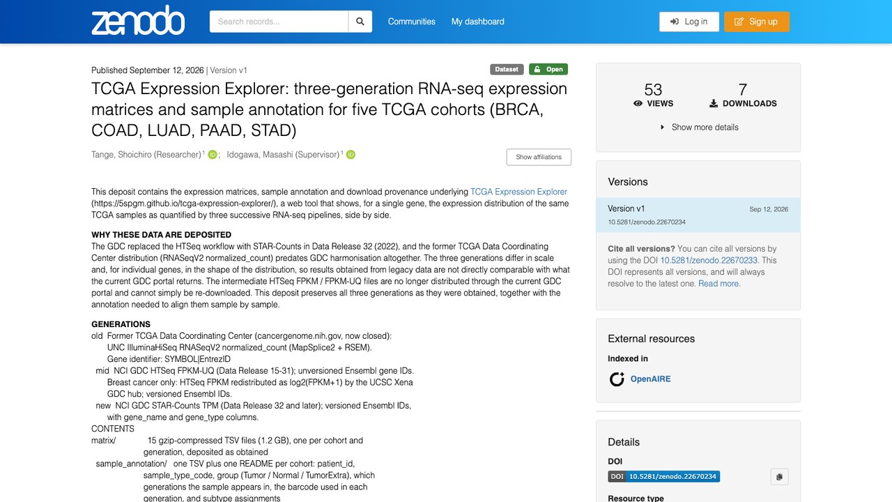 TCGA表达探索器：五个TCGA队列的三代RNA-seq表达矩阵与样本注释