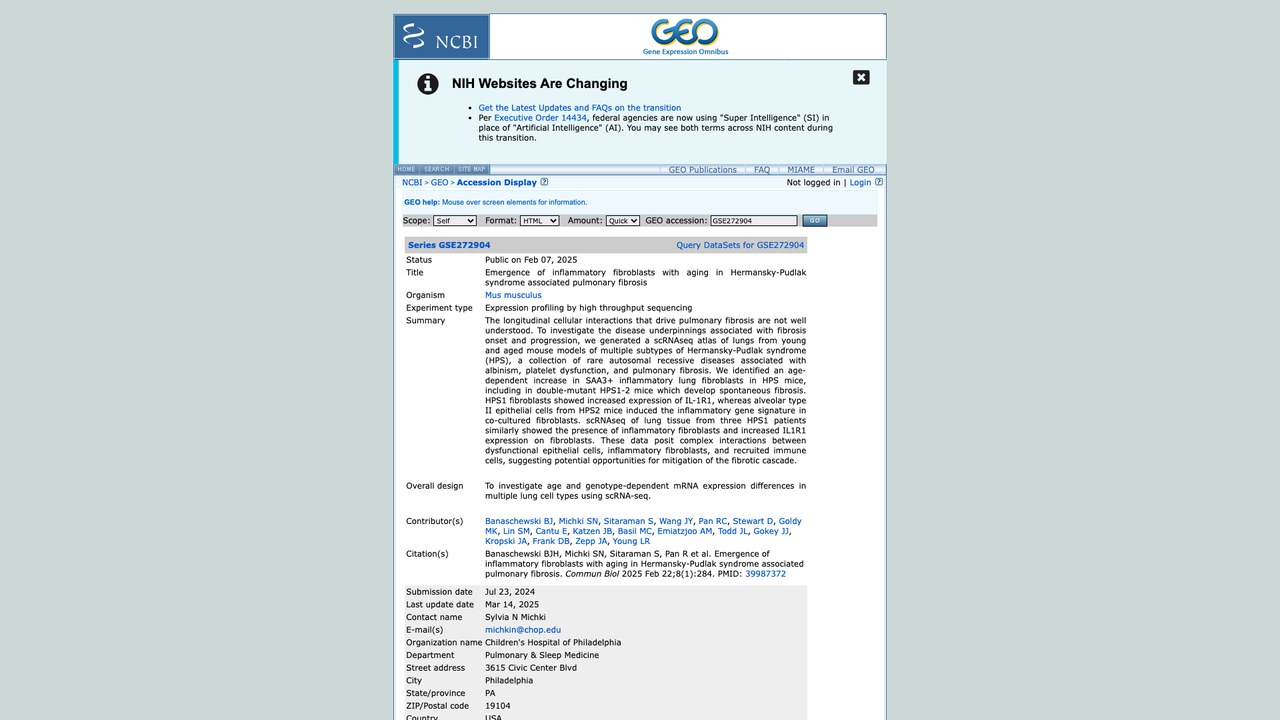 GSE272904:Hermansky-Pudlak综合征相关肺纤维化中衰老相关炎症成纤维细胞的出现