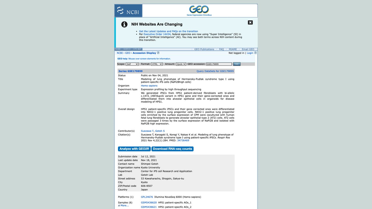 GSE179899:利用患者特异性iPS细胞构建Hermansky-Pudlak综合征I型肺部表型模型(NaPi2B高表达细胞)