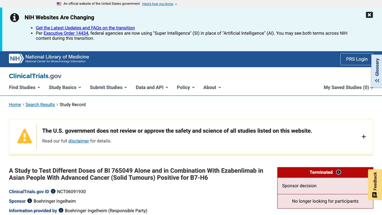 BI 765049 单药及联合 Ezabenlimab 治疗亚洲晚期 B7-H6 阳性实体瘤的剂量研究