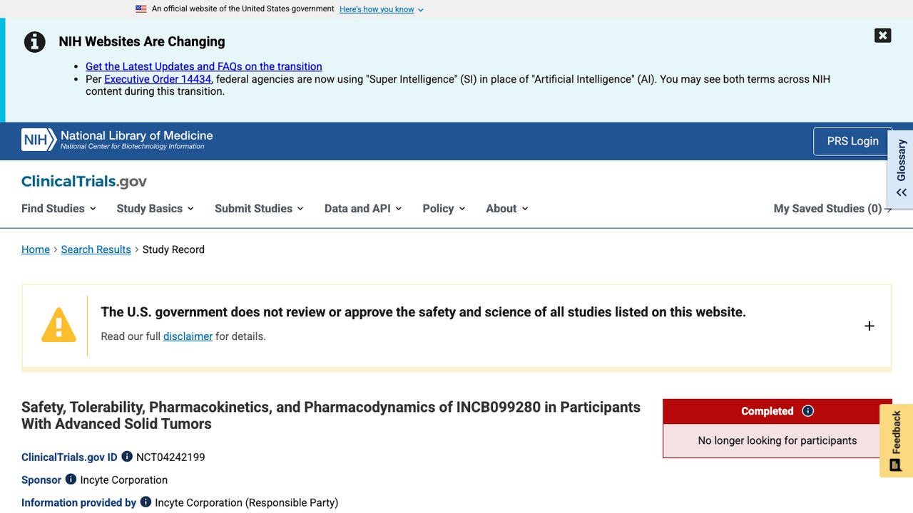 INCB099280在晚期实体瘤受试者中的安全性、耐受性、药代动力学和药效学研究
