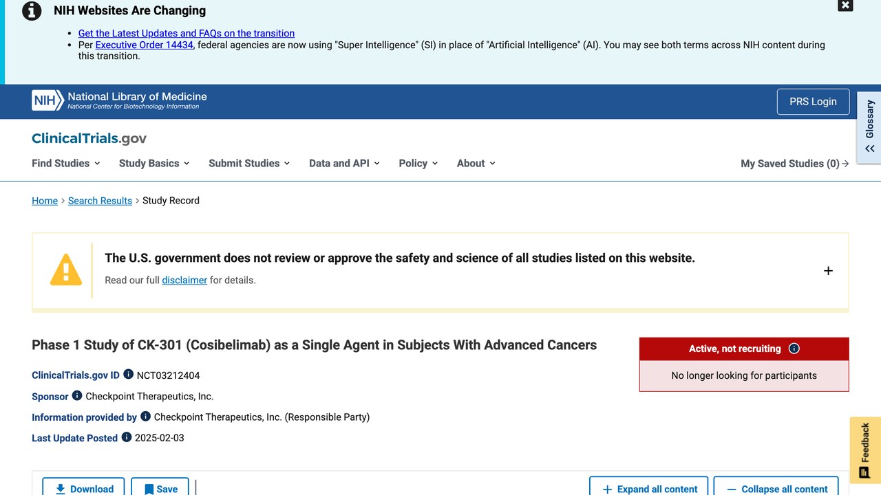 CK-301(Cosibelimab)单药治疗晚期癌症的1期研究