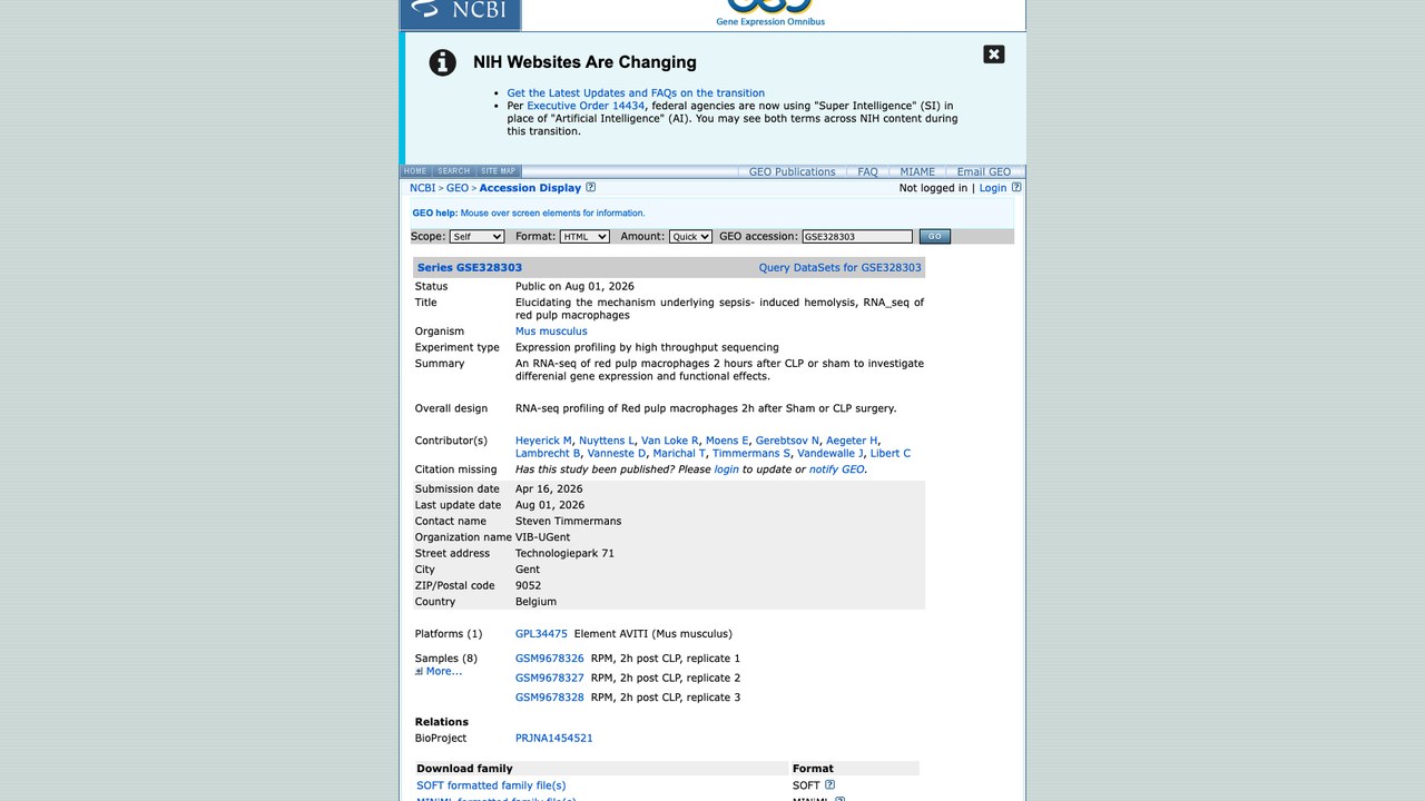 GSE328303:脓毒症诱导溶血机制研究,红髓巨噬细胞RNA_seq