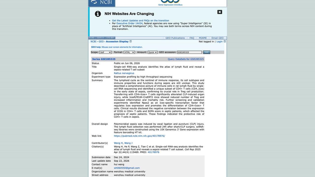 GSE285325:单细胞RNA测序分析鉴定淋巴液图谱并揭示脓毒症相关T细胞亚群