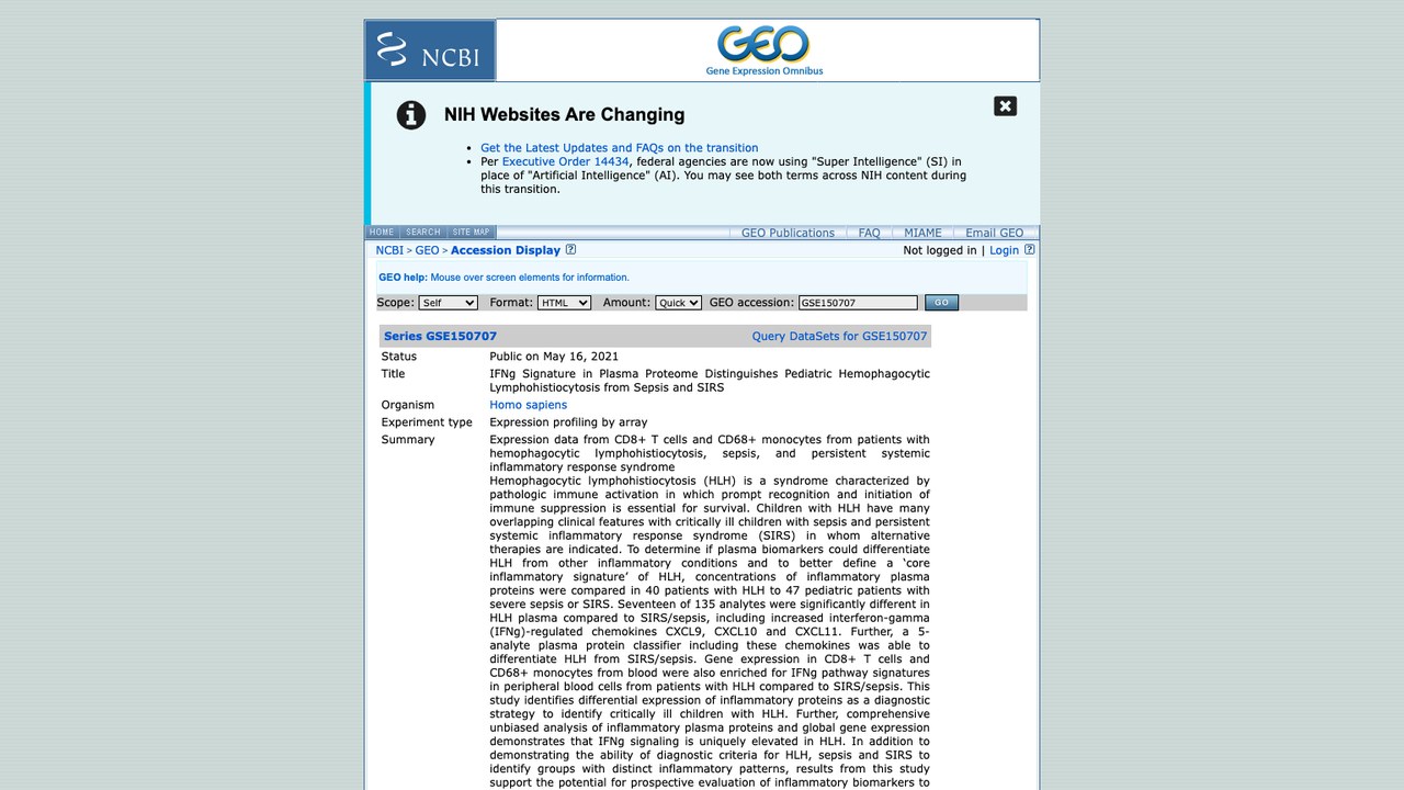 GSE150707:血浆蛋白质组IFNg特征区分儿童噬血细胞性淋巴组织细胞增生症与脓毒症和SIRS