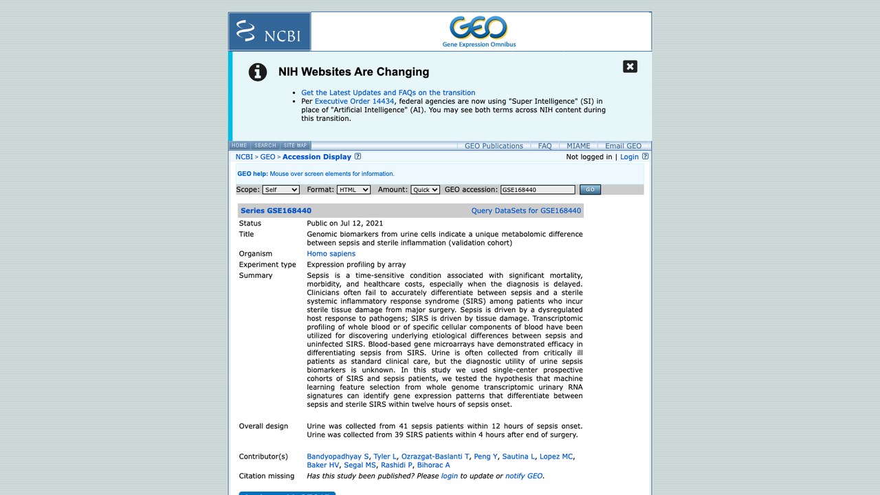 GSE168440:尿液细胞基因组生物标志物揭示脓毒症与无菌性炎症的独特代谢组差异(验证队列)