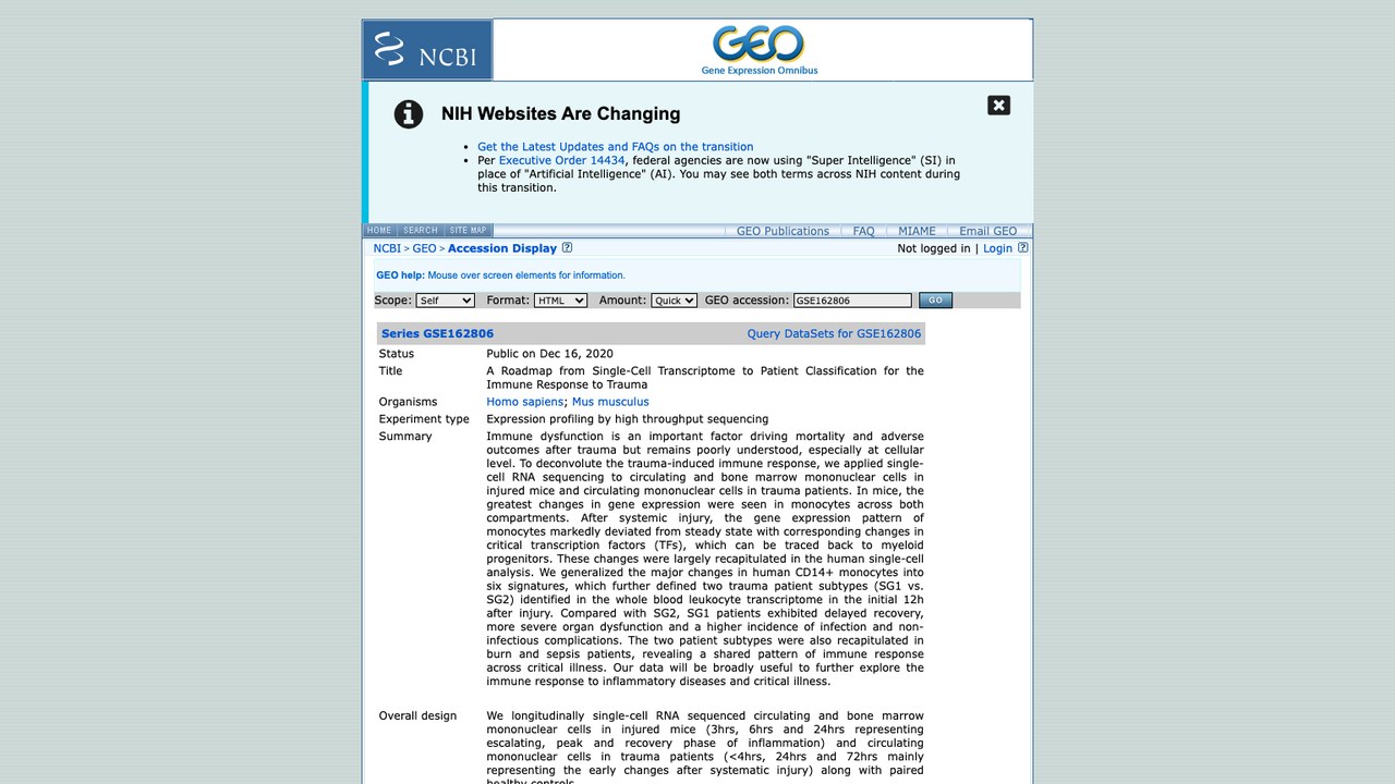 GSE162806:从单细胞转录组到创伤免疫反应患者分类的路线图