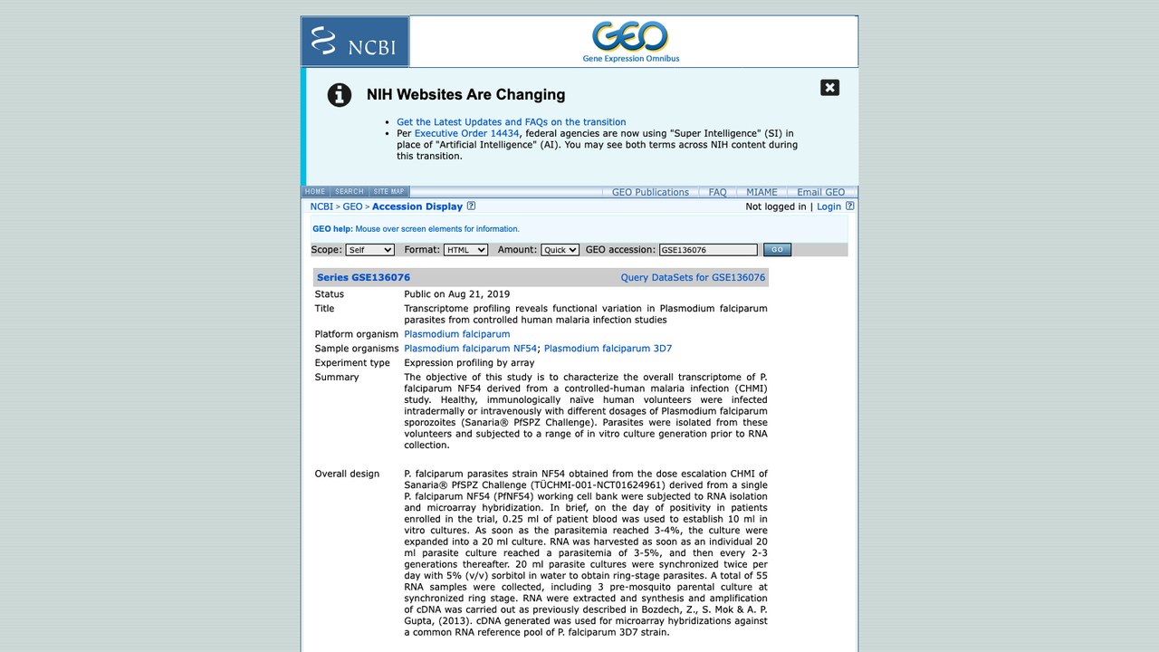 GSE136076:控制性人类疟疾感染研究中恶性疟原虫寄生虫的转录组分析揭示功能变异