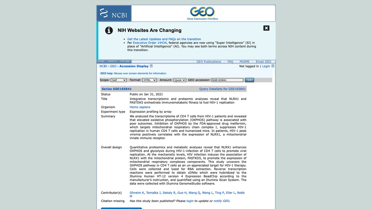 GSE165841：整合转录组与蛋白质组分析揭示NLRX1和FASTDK5协调免疫代谢适应性以促进HIV-1复制