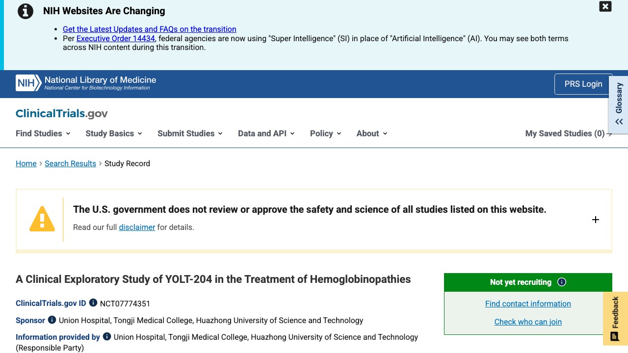 YOLT-204治疗血红蛋白病临床探索性研究