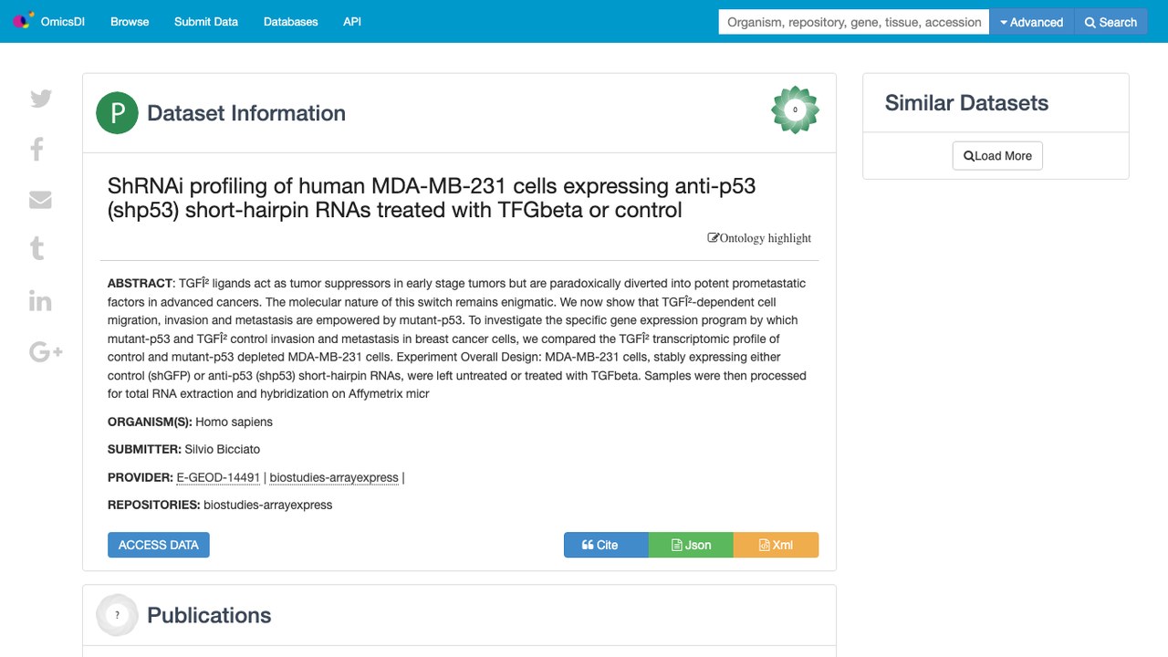 表达抗p53短发夹RNA的MDA-MB-231细胞经TGFbeta或对照处理的shRNAi表达谱