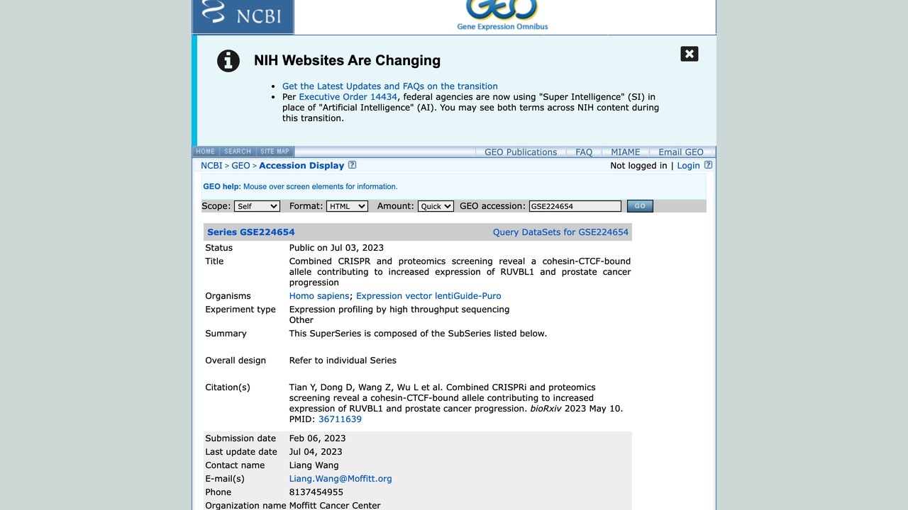 GSE224654:联合CRISPR与蛋白质组学筛选揭示黏连蛋白-CTCF结合等位基因促进RUVBL1表达增加及前列腺癌进展
