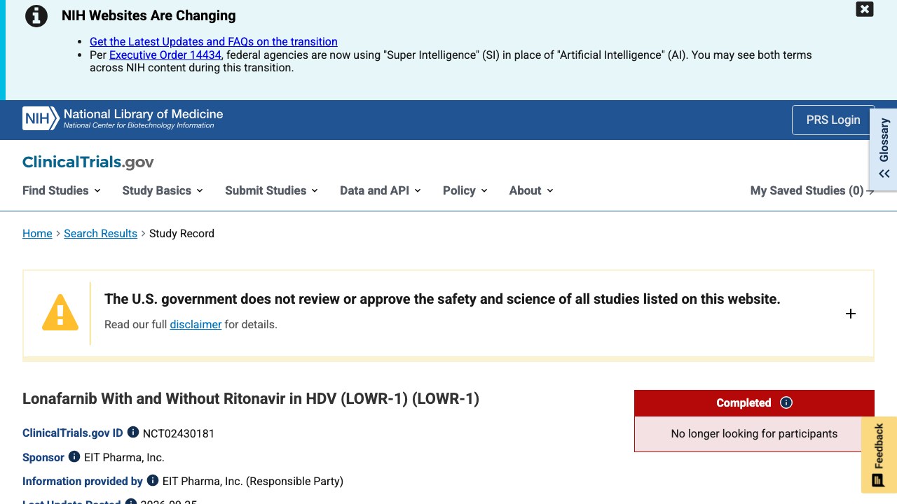 Lonafarnib联合或不联合Ritonavir治疗HDV的临床试验（LOWR-1）