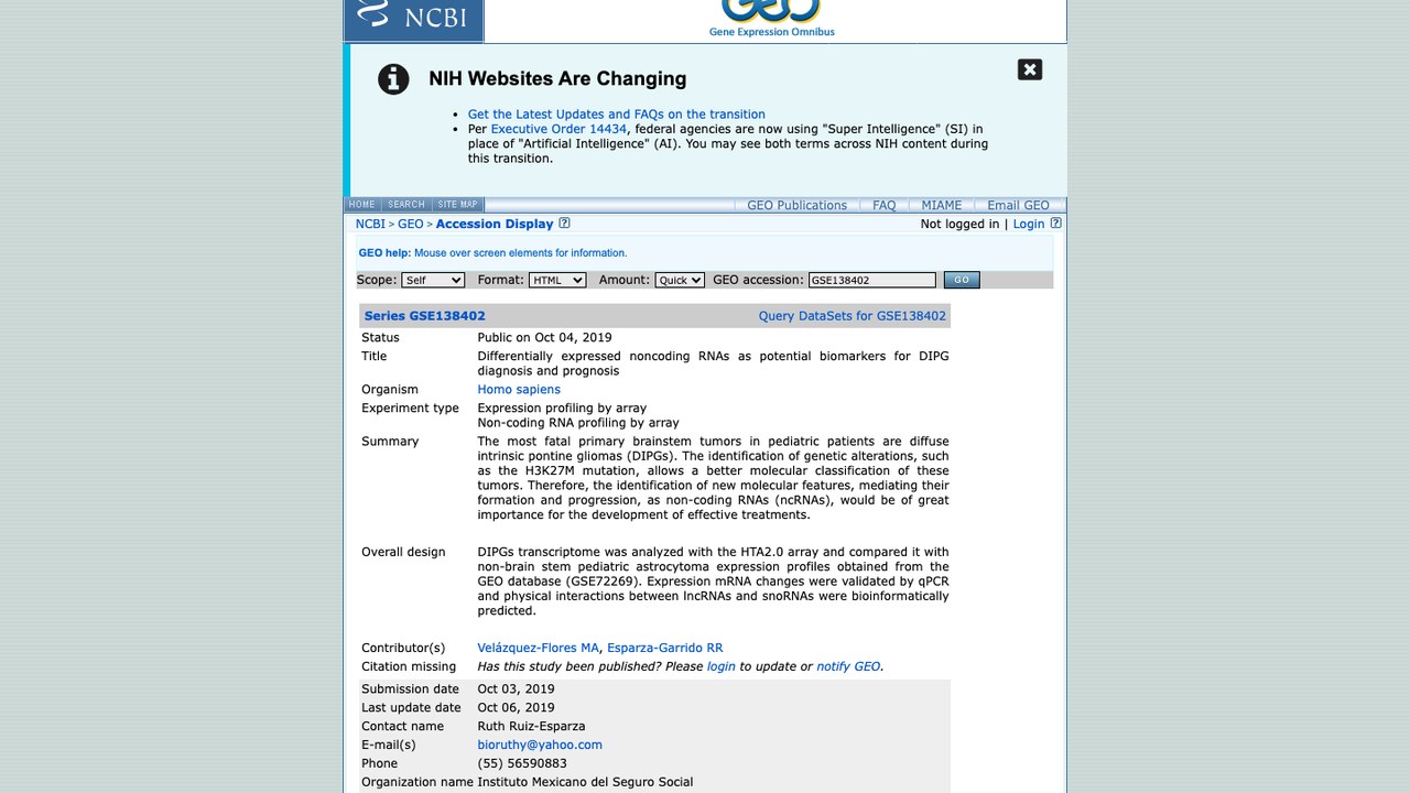 GSE138402:差异表达非编码RNA作为DIPG诊断和预后潜在生物标志物