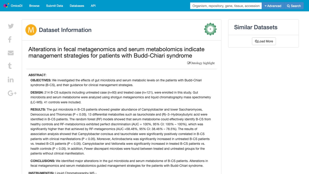 粪便宏基因组与血清代谢组改变指示Budd-Chiari综合征患者管理策略