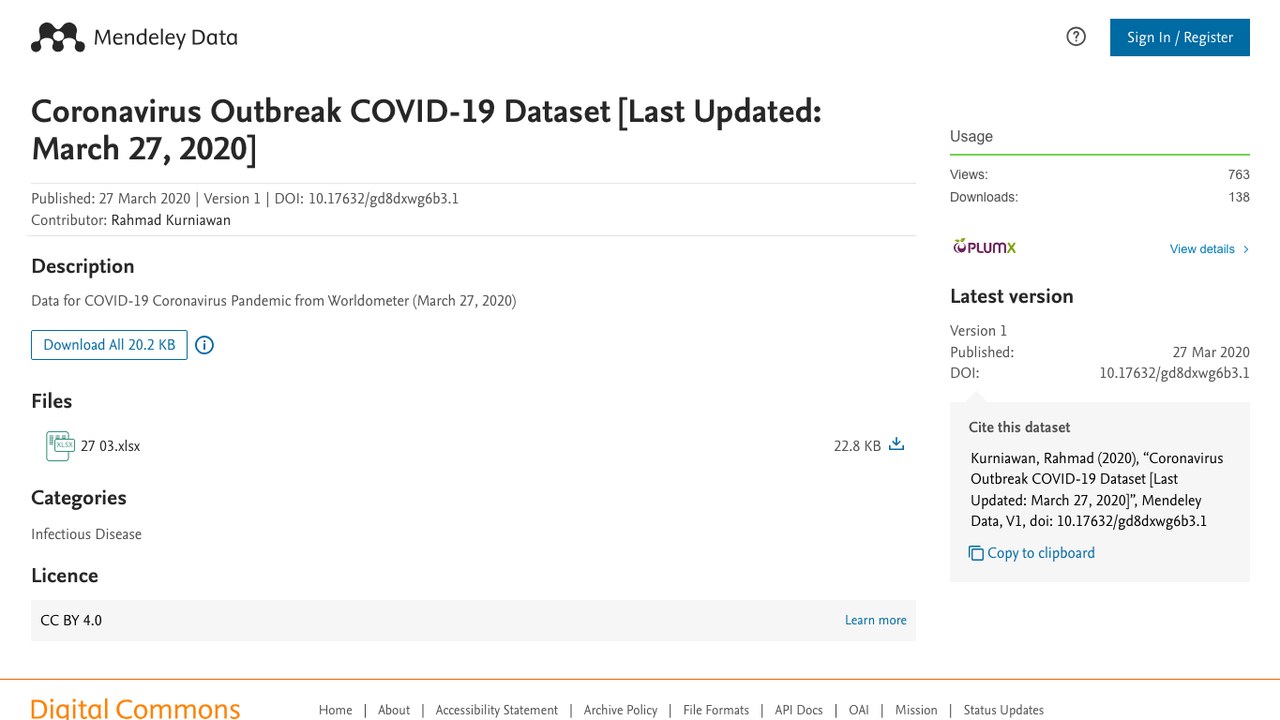 Coronavirus Outbreak COVID-19 数据集（截至2020年3月27日）