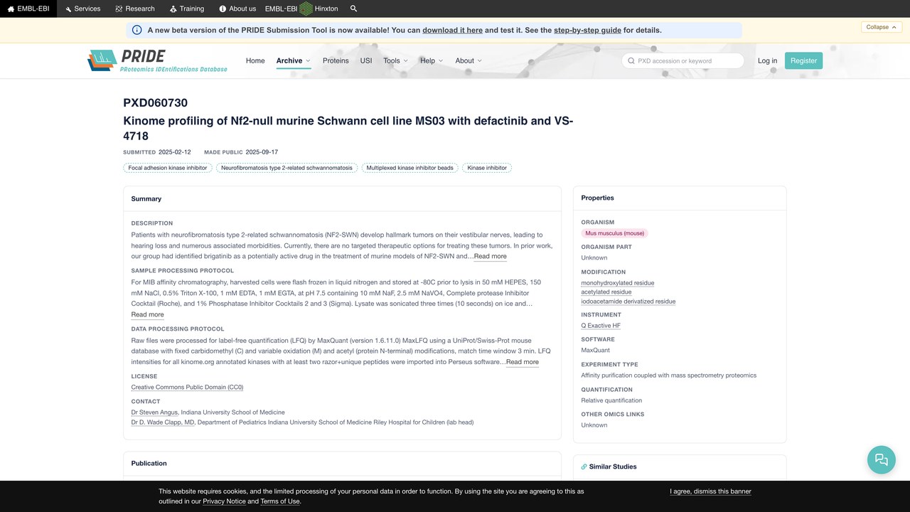 Nf2缺失小鼠Schwann细胞系MS03在defactinib与VS-4718处理下的激酶组分析