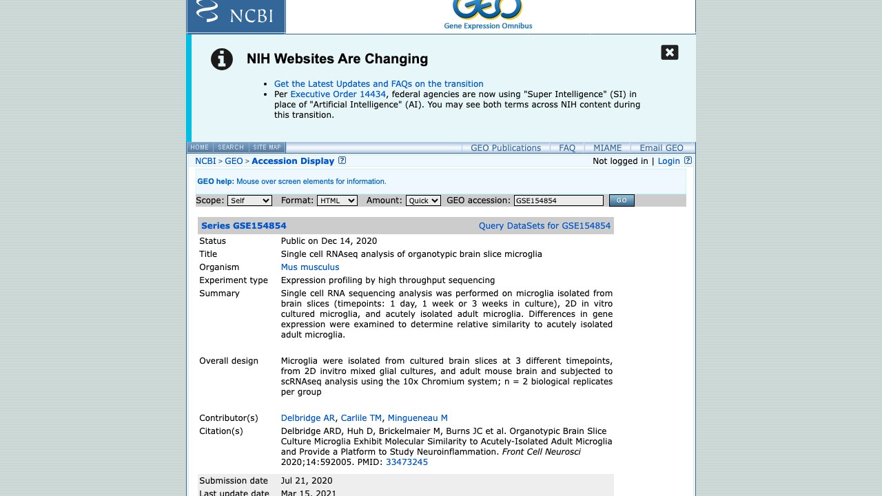 GSE154854：器官型脑切片小胶质细胞的单细胞RNAseq分析