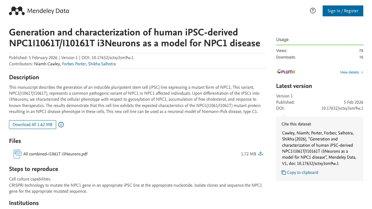 人iPSC来源NPC1I1061T/I1061T i3Neurons作为NPC1疾病模型的数据