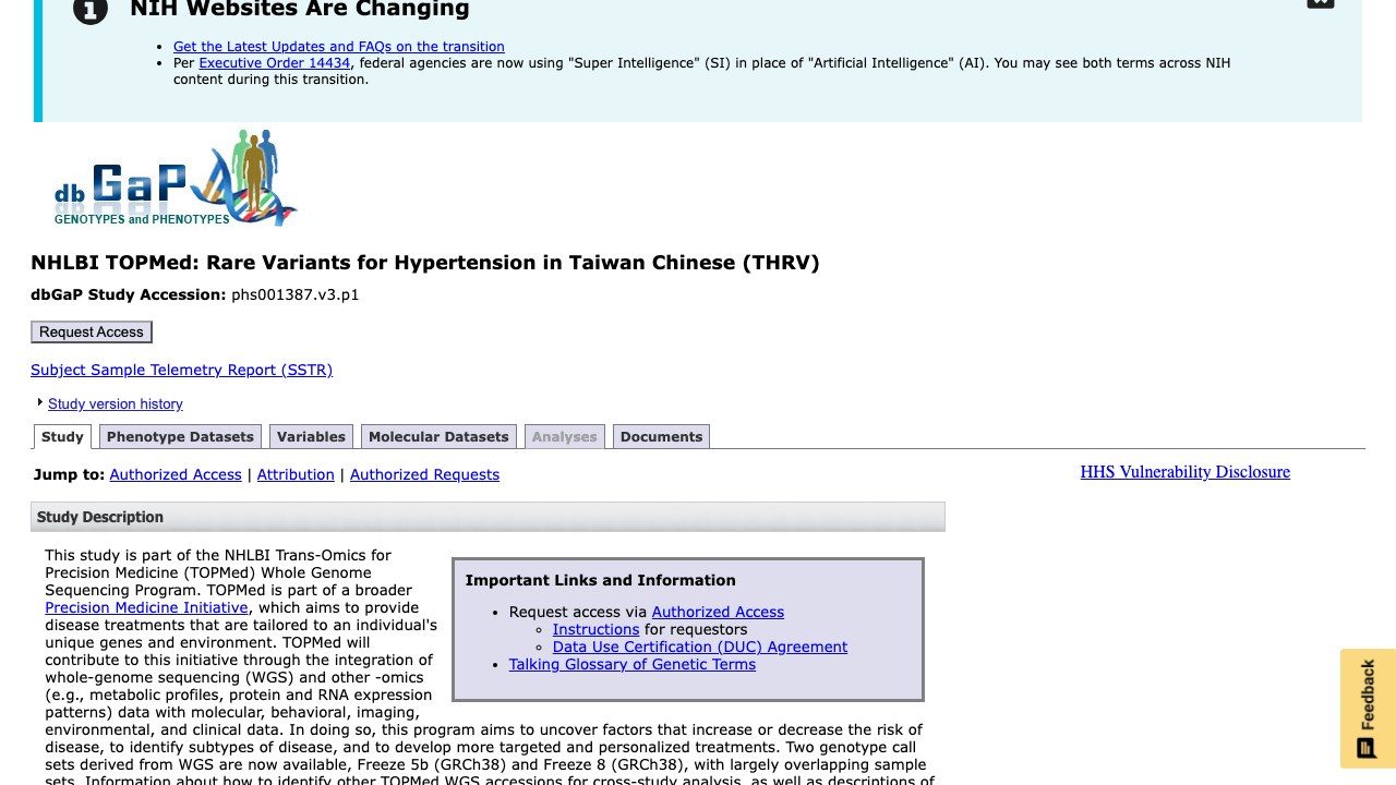 NHLBI TOPMed:台湾华人高血压罕见变异研究(THRV)