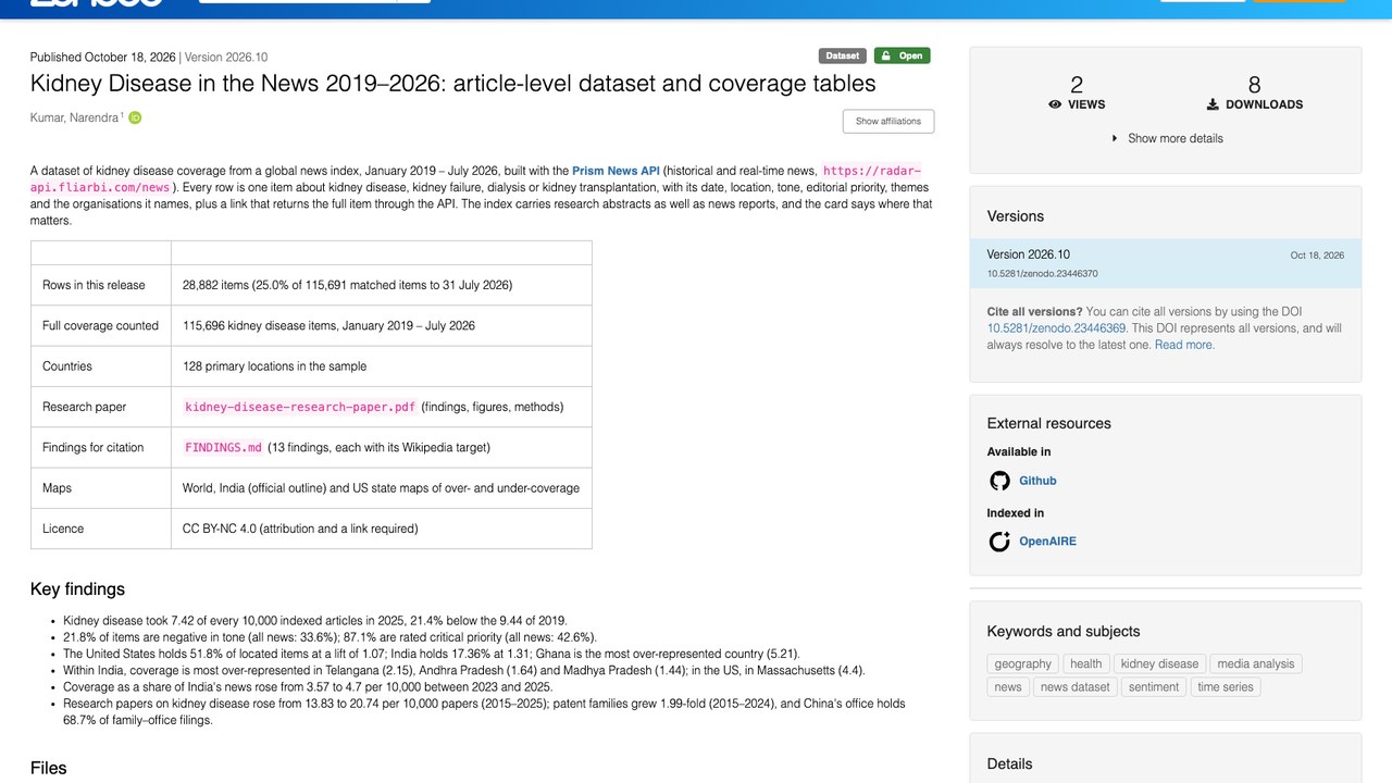 2019–2026年新闻中的肾脏疾病:文章级数据集与覆盖表
