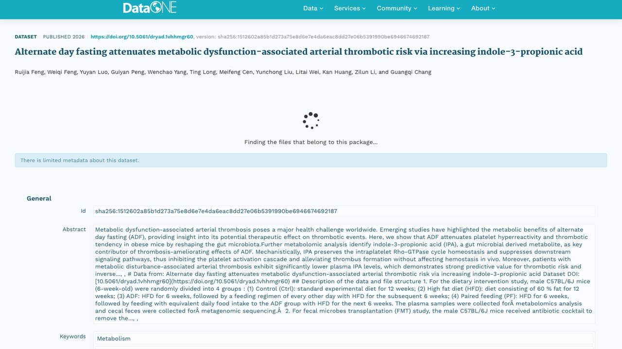 隔日禁食通过增加indole-3-propionic acid减轻代谢功能障碍相关动脉血栓风险