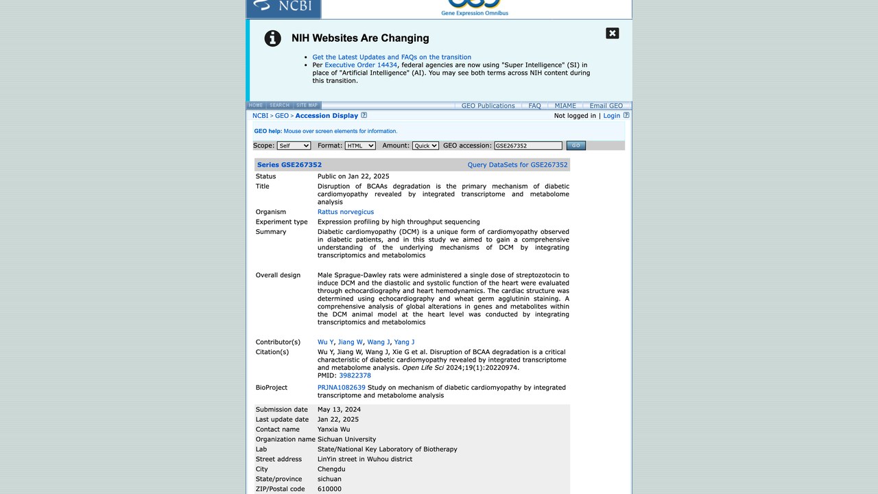 GSE267352:整合转录组与代谢组分析揭示BCAAs降解障碍是糖尿病心肌病的主要机制