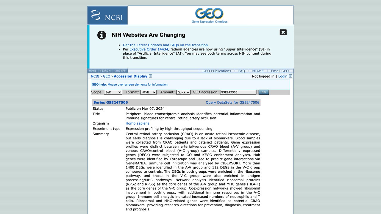 GSE247506:外周血转录组分析识别视网膜中央动脉阻塞的潜在炎症与免疫特征