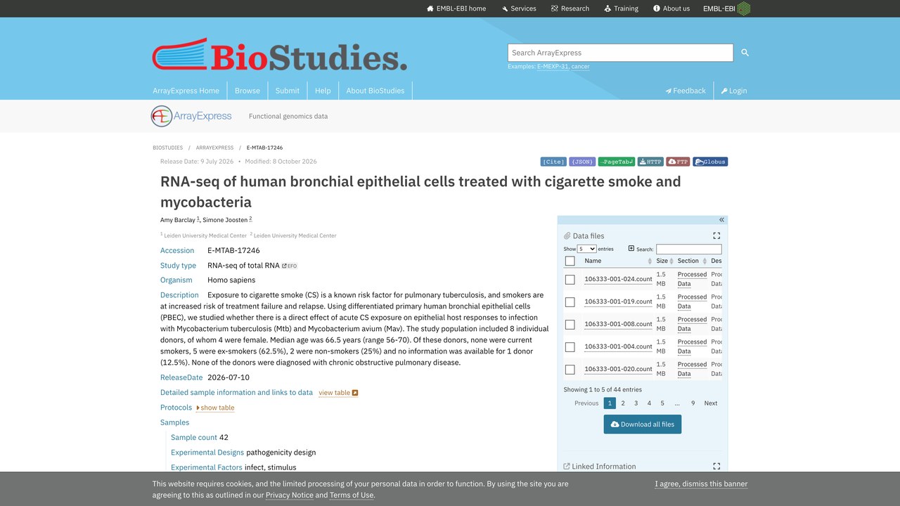 香烟烟雾与分枝杆菌处理的人支气管上皮细胞RNA-seq