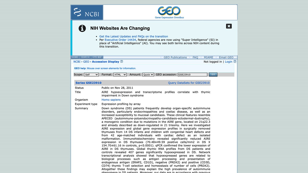 GSE23910：唐氏综合征中AIRE低表达与转录组谱与胸腺损伤相关
