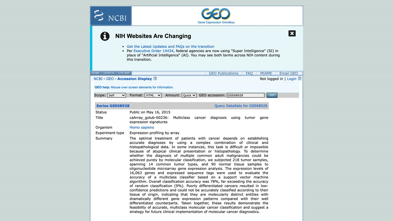 GSE68928:基于肿瘤基因表达特征的多类癌症诊断数据集