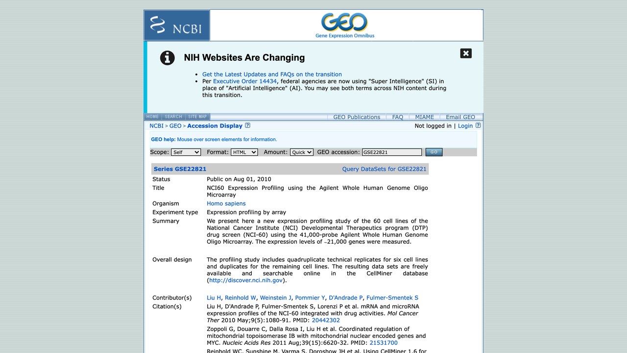NCI60 表达谱:Agilent 全人类基因组寡核苷酸微阵列