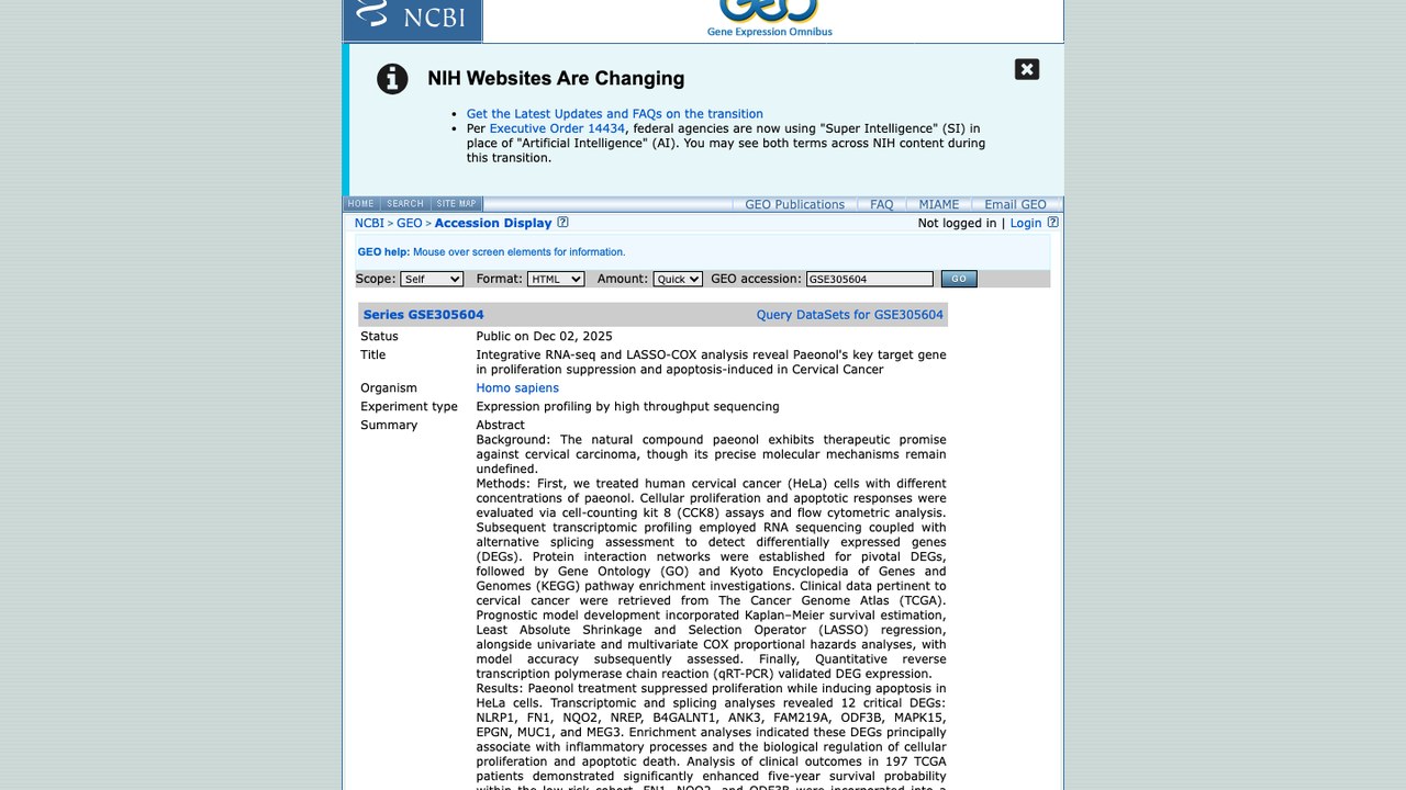 GSE305604:整合RNA-seq与LASSO-COX分析揭示丹皮酚在宫颈癌中抑制增殖和诱导凋亡的关键靶基因