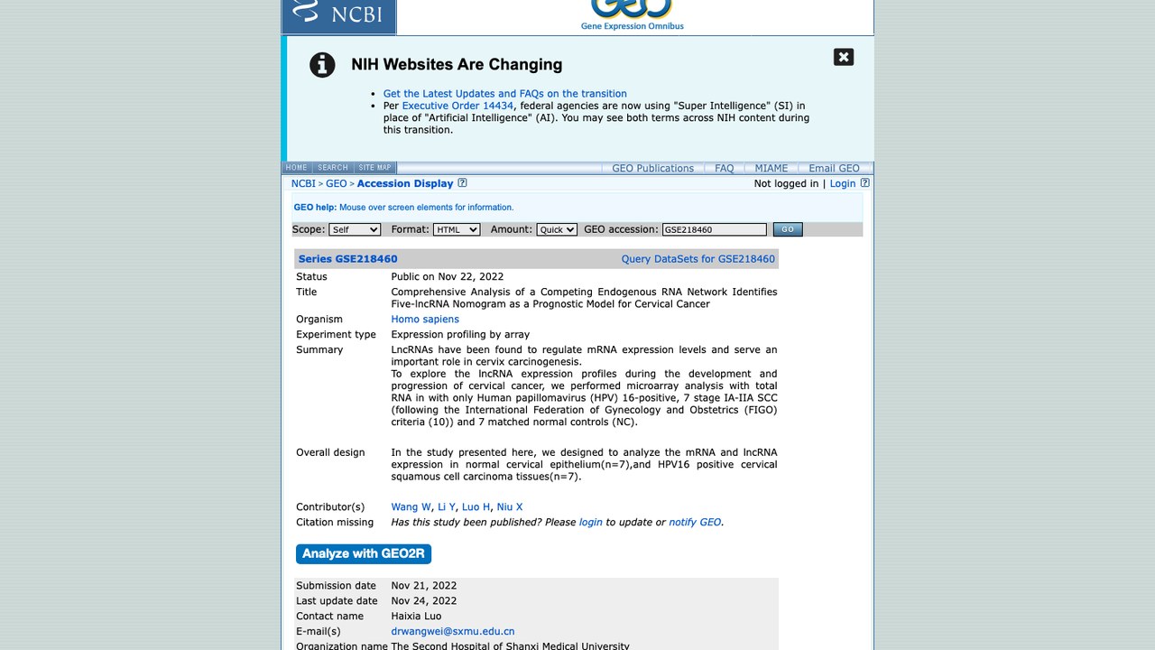 GSE218460:竞争性内源RNA网络综合分析确定五lncRNA列线图作为宫颈癌预后模型